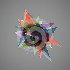 A digitally generated abstract geometric shape composed of interlocking translucent
