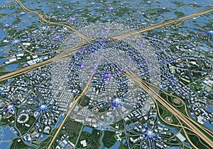 A digitally generated cityscape features a complex network of roads and