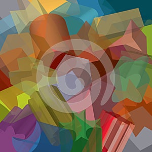 Basic 2D shapes extruded and randomly distributer, overlapping, in transparent pattern