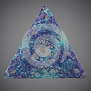 A digitally generated 3D triangular structure with a lattice-like pattern. The design