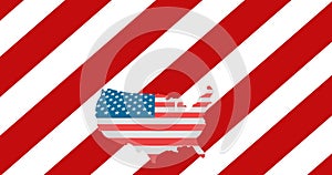 Digitally generated image of american flag on usa map over red and white striped pattern background