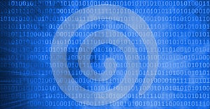 Digitally generated image of binary coding data processing against blue background