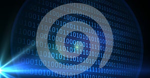 Digitally generated image of binary coding data processing against spot of light on blue background