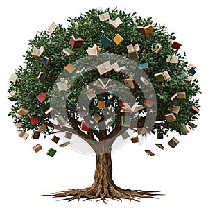 A digitally generated image features a large tree with a thick, textured trunk and