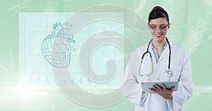 Digitally generated image of female doctor using digital tablet by diagram against green background