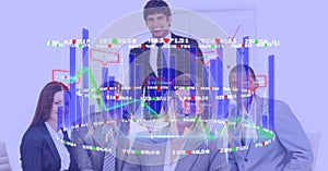 Digitally generated image of graphs with business people in backgroundbusiness conceptual overlays 4 photo