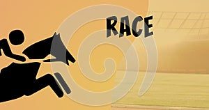 Digitally generated image of jockey riding horse towards race text over colored background