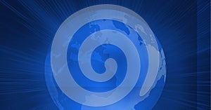 Digitally generated image of light trails over globe against blue background