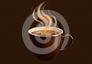 A digitally generated image of a steaming cup of coffee against a dark brown