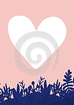 Digitally generated image of white heart icon and blue floral design on pink background