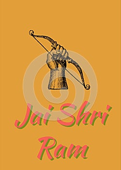 A digitally generated poster depicting "Jai Shri Ram" on a saffron background and an arm holding a bow