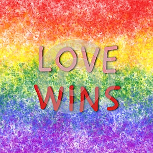 Digitally generated sign with tag love wins on lgbt rainbow colored background