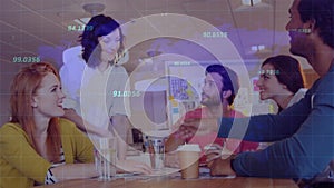 Digitally generated video of diverse colleagues at a group meeting, shaking hands, numbers floating 