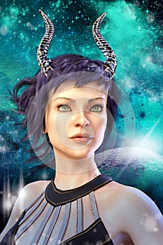 Digitally painted 3D rendering of a beautiful fantasy alien woman set against as star space background