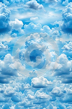 Processed collage of cloudy light blue sky texture. Background for banner, backdrop or texture for 3D mapping