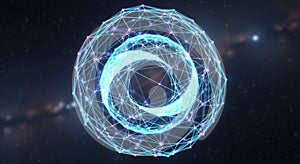 A digitally rendered 3D object resembling a complex geometric shape, composed of