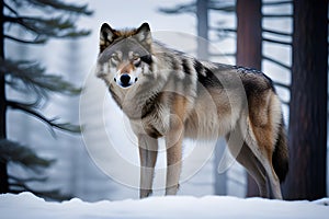 digitally rendered environment captures the untamed nature of a wolf during winter in the woods