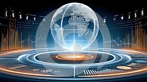 Futuristic data visualization with global financial elements and glowing technology sphere