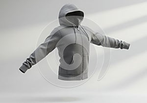 Floating gray hooded sweatshirt on minimalist background with soft light photo