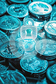 Conceptual Illustration of Financial Security with Glowing Lock and Cryptocurrency Coins