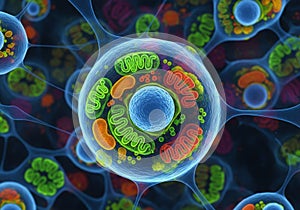 A digitally rendered image of a cell, showcasing its internal