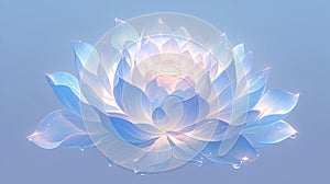 Translucent blue lotus flower radiating a soft glow, with water droplets on its petals, creating a serene and mystical image