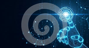 Robotic Cyborg Hand Touching Glowing Digital Interface with Artificial Intelligence Data Visualization