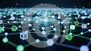 Suggests depth with lines and shapes interconnected throughout the