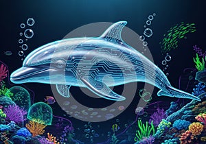 A digitally rendered underwater scene features a dolphin with a transparent body,