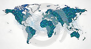 Digital world map displaying a complex global network of interconnected data points and lines