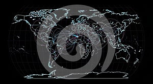 Digital world map displaying a complex global network of interconnected data and communication paths.