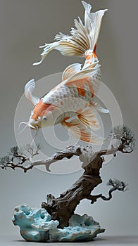Digitally stylized image of an elegant koi fish swimming above coral with a serene bonsai tree on a neutral background