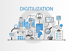 Digitilization concept as illustration with hand holding bezel-free smartphone