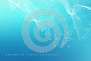 Digits abstract background with connected line and dots, wave flow. Digital neural networks. Network and connection