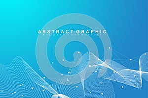 Digits abstract background with connected line and dots, wave flow. Digital neural networks. Network and connection