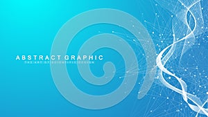 Digits abstract background with connected line and dots, wave flow. Digital neural networks. Network and connection