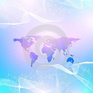Digits abstract background with connected line and dots, wave flow. Digital neural networks. Network and connection