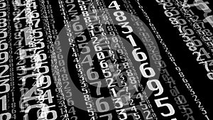 Mathematical numbers on black abstract data science algorithm for counting numerical digits and coding dynamic data in digital