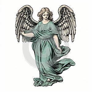 Dignified Angel With Wings: Historical Illustration In Teal And Green