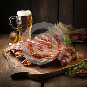 Dignified Bacon And Beer: A Multilayered Delight On A Wooden Board