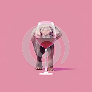 Dignified Elephant With Wine Glass On Pink Background