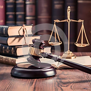 A dignified law office with gavel, books, and scale symbolizing justice.