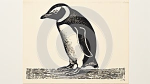 Dignified Penguin Print: Black-and-white Block Print By Joe Rafter