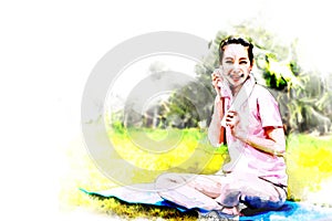Digtal painting and Drawing with oil color of Asian Beauty and healthy woman exercise relax after yoga on exercise mat in the