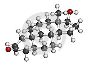 Dihydrotestosterone DHT, androstanolone, stanolone hormone molecule. 3D rendering. Atoms are represented as spheres with.