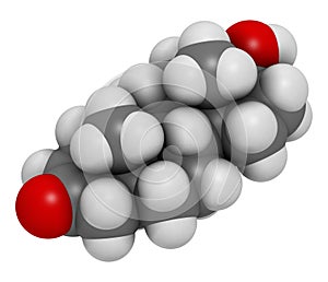 Dihydrotestosterone (DHT, androstanolone, stanolone) hormone molecule. 3D rendering. Atoms are represented as spheres with
