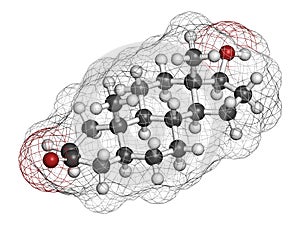 Dihydrotestosterone DHT, androstanolone, stanolone hormone molecule. 3D rendering. Atoms are represented as spheres with.