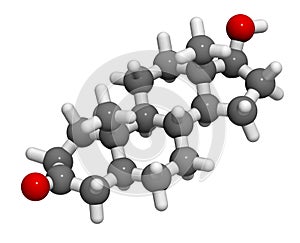 Dihydrotestosterone (DHT, androstanolone, stanolone) hormone molecule. 3D rendering. Atoms are represented as spheres with photo