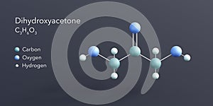 dihydroxyacetone molecule 3d rendering, flat molecular structure with chemical formula and atoms color coding