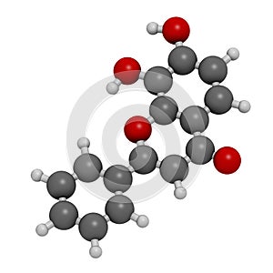 7,8-Dihydroxyflavone or 7,8-DHF molecule. 3D rendering. Atoms are represented as spheres with conventional color coding: hydrogen photo